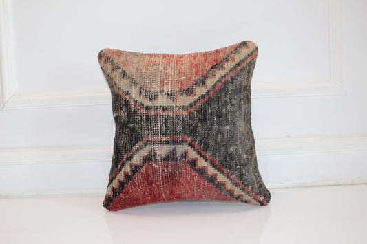 Tribal Geometric Kilim Cushion, Bold Boho Decor, Handmade Anatolian Rug Pillow(16x16 in)