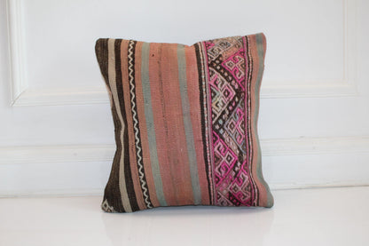 Ethnic Striped Kilim Cushion, Pink Geometric Boho Decor, Handmade Anatolian Rug Pillow(16x16 in)