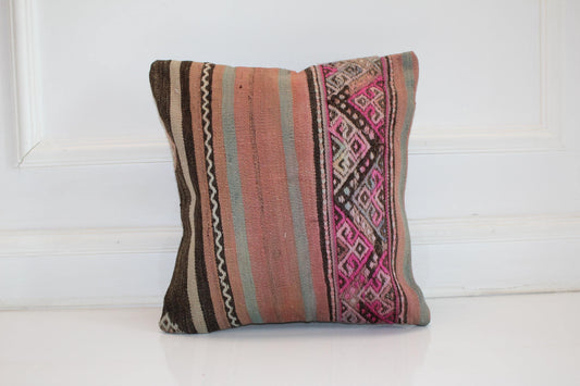 Ethnic Striped Kilim Cushion, Pink Geometric Boho Decor, Handmade Anatolian Rug Pillow(16x16 in)