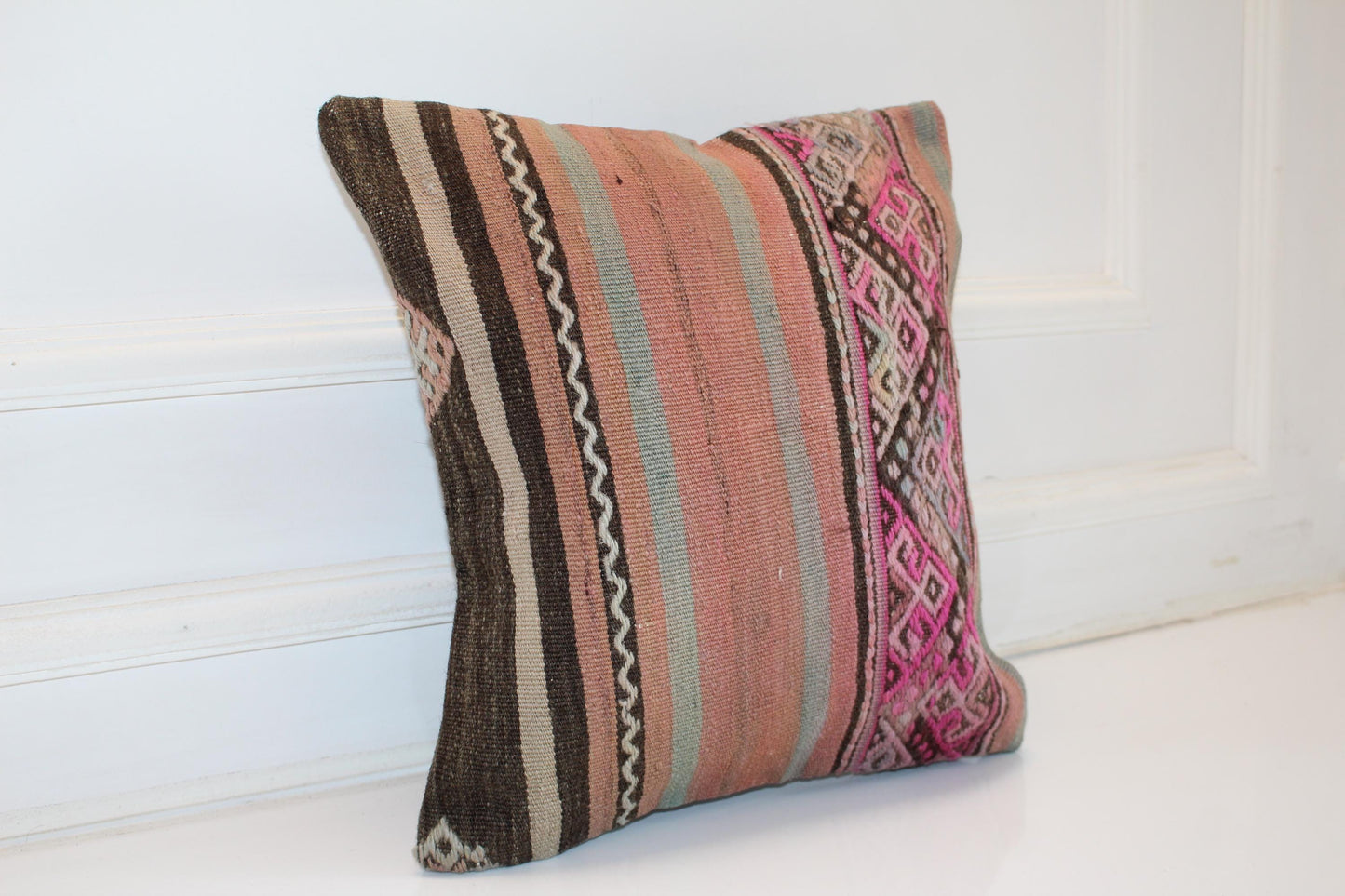 Ethnic Striped Kilim Cushion, Pink Geometric Boho Decor, Handmade Anatolian Rug Pillow(16x16 in)
