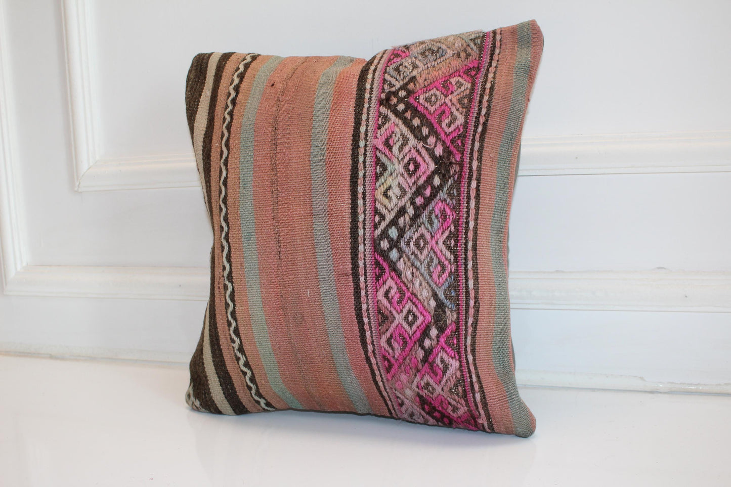Ethnic Striped Kilim Cushion, Pink Geometric Boho Decor, Handmade Anatolian Rug Pillow(16x16 in)