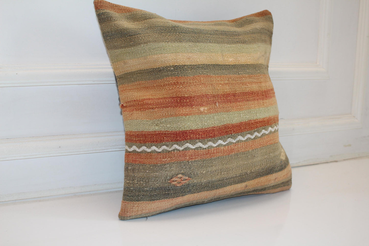 Soft Striped Kilim Cushion, Earth Tone Boho Decor, Handmade Anatolian Rug Pillow(16x16 in)