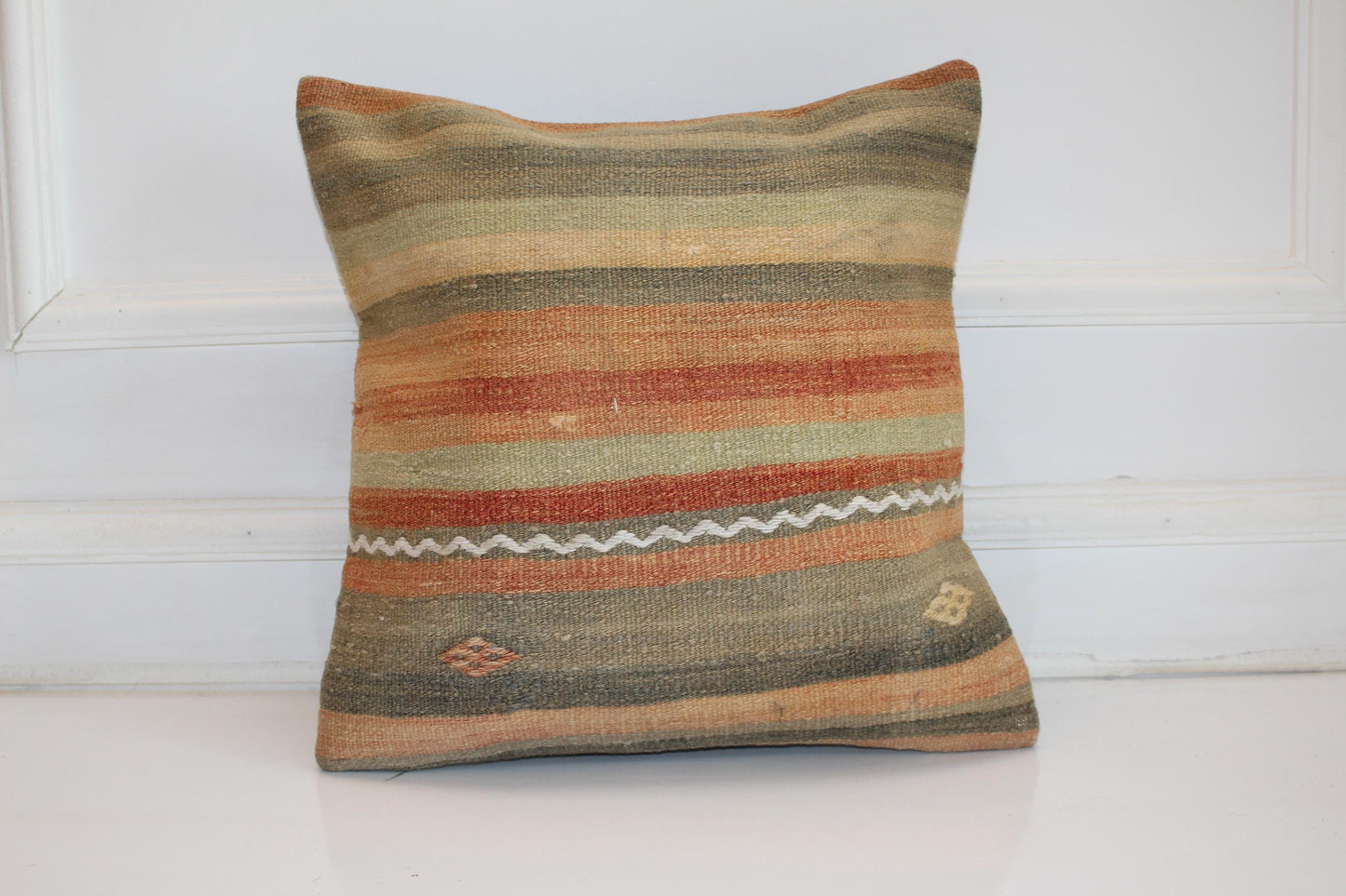 Soft Striped Kilim Cushion, Earth Tone Boho Decor, Handmade Anatolian Rug Pillow(16x16 in)