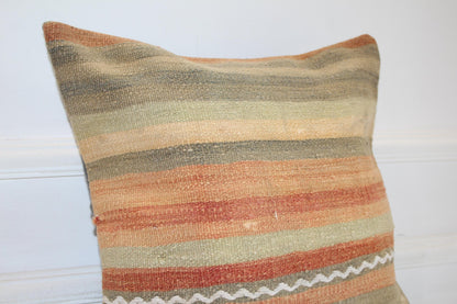 Soft Striped Kilim Cushion, Earth Tone Boho Decor, Handmade Anatolian Rug Pillow(16x16 in)