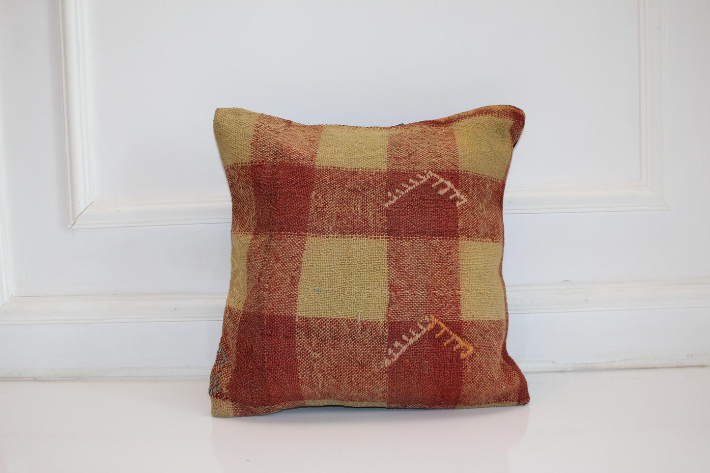 Patchwork Kilim Cushion, Rustic Earth Tone Boho Decor, Handmade Anatolian Rug Pillow(16x16 in)