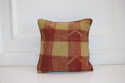 Patchwork Kilim Cushion, Rustic Earth Tone Boho Decor, Handmade Anatolian Rug Pillow(16x16 in)