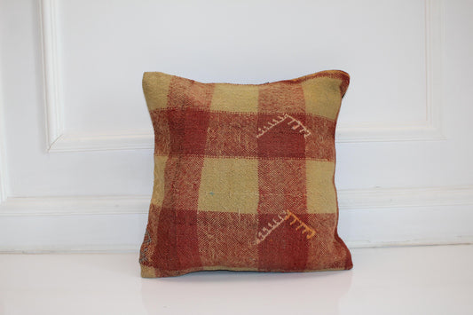 Patchwork Kilim Cushion, Rustic Earth Tone Boho Decor, Handmade Anatolian Rug Pillow(16x16 in)