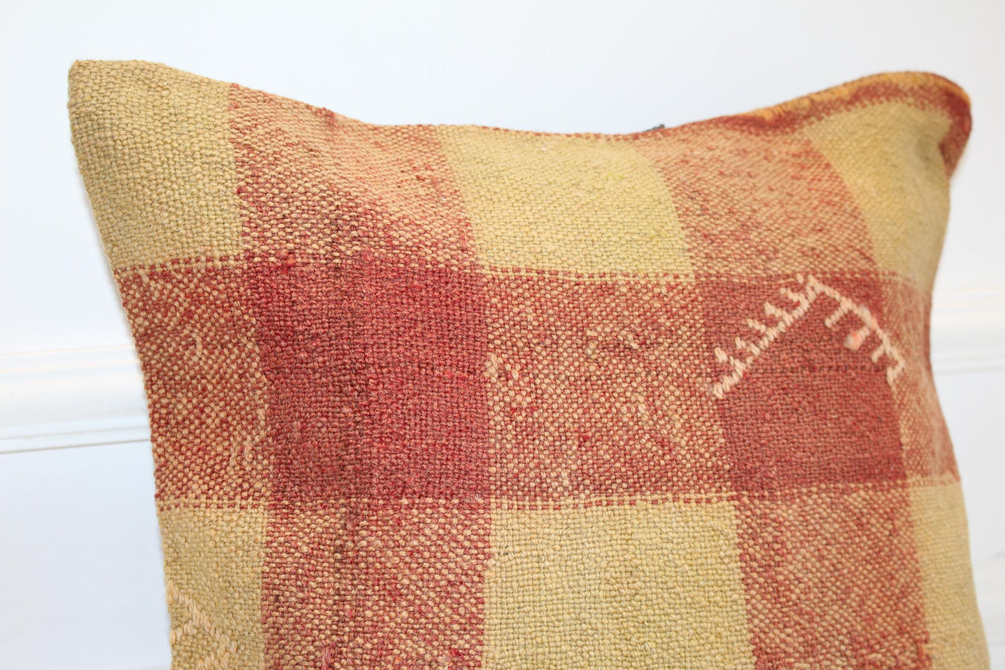 Patchwork Kilim Cushion, Rustic Earth Tone Boho Decor, Handmade Anatolian Rug Pillow(16x16 in)
