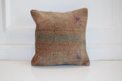 Minimal Earth Tone Kilim Cushion, Primitive Boho Decor, Handmade Anatolian Rug Pillow(16x16 in)