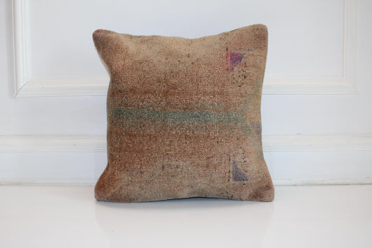 Minimal Earth Tone Kilim Cushion, Primitive Boho Decor, Handmade Anatolian Rug Pillow(16x16 in)