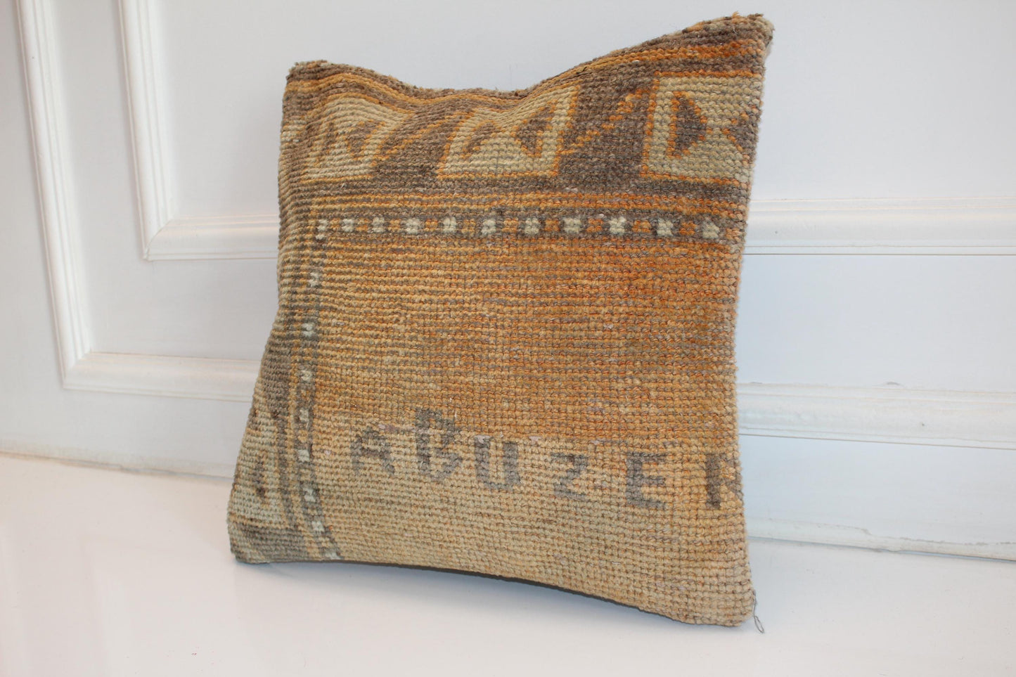 Muted Geometric Kilim Cushion, Antique Earth Tone Boho Decor, Handmade Anatolian Rug Pillow(16x16 in)