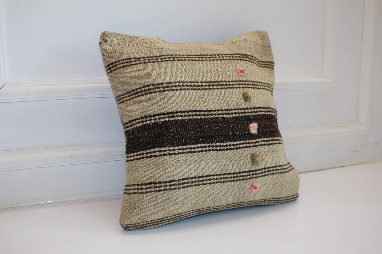 Minimal Striped Kilim Cushion, Neutral Boho Decor with Pink Details, Handmade Anatolian Rug Pillow(16x16 in)