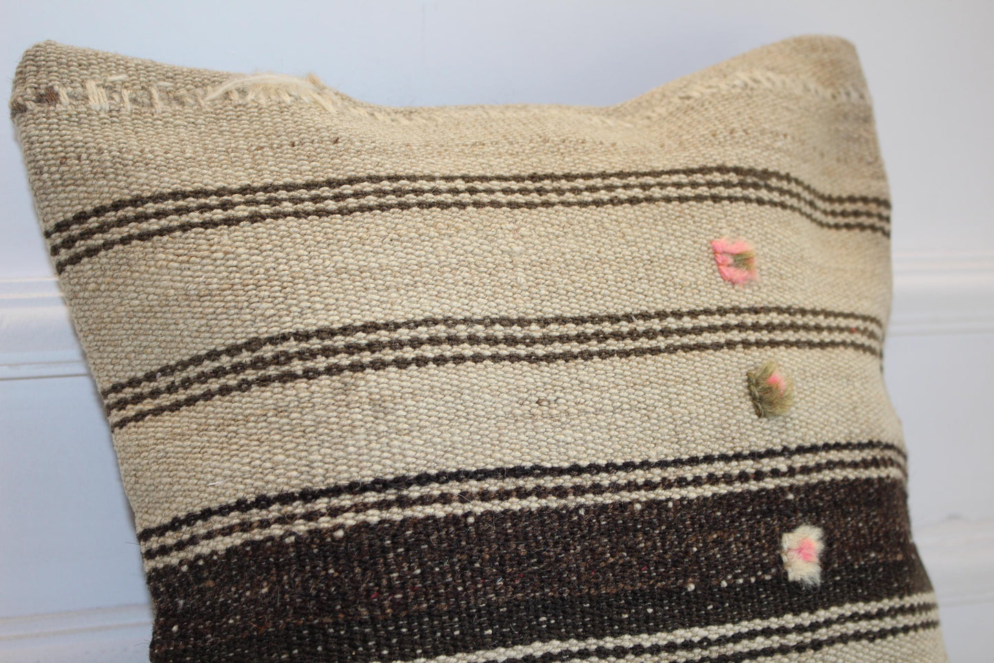 Minimal Striped Kilim Cushion, Neutral Boho Decor with Pink Details, Handmade Anatolian Rug Pillow(16x16 in)