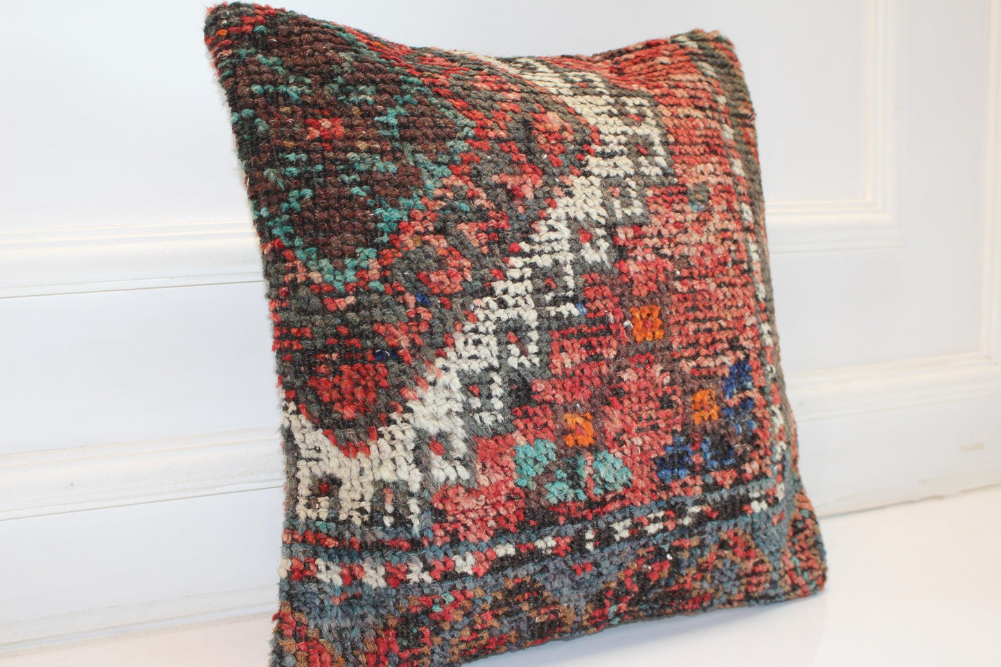 Bold Tribal Kilim Cushion, Colorful Ethnic Boho Decor, Handmade Anatolian Rug Pillow(16x16 in)