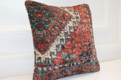 Bold Tribal Kilim Cushion, Colorful Ethnic Boho Decor, Handmade Anatolian Rug Pillow(16x16 in)