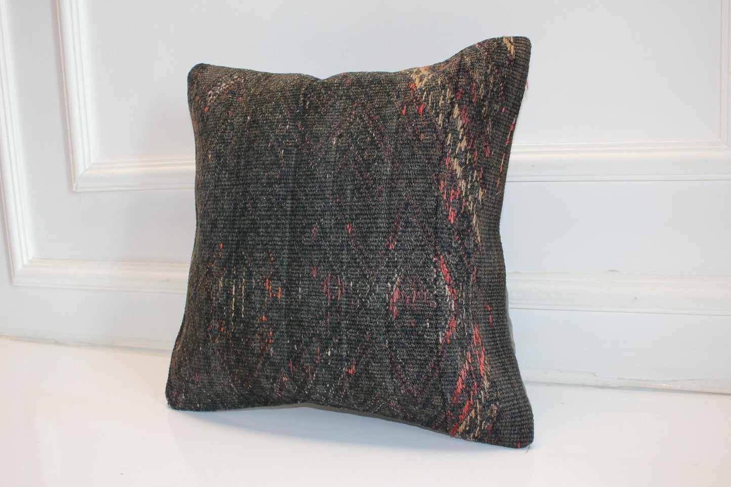 Dark Kilim Cushion, Moody Boho Decor, Handmade Anatolian Rug Pillow(16x16 in)
