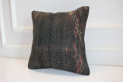 Dark Kilim Cushion, Moody Boho Decor, Handmade Anatolian Rug Pillow(16x16 in)