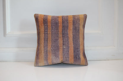 Soft Striped Kilim Cushion, Muted Earth Tone Boho Decor, Handmade Anatolian Rug Pillow(16x16 in)