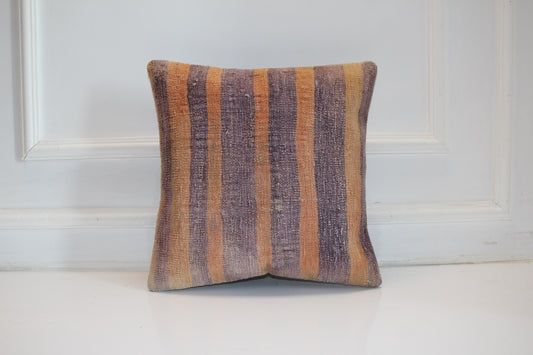 Soft Striped Kilim Cushion, Muted Earth Tone Boho Decor, Handmade Anatolian Rug Pillow(16x16 in)