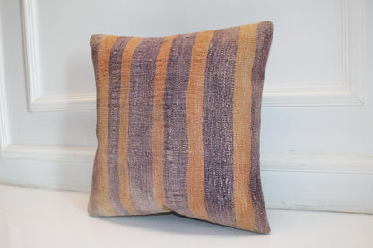 Soft Striped Kilim Cushion, Muted Earth Tone Boho Decor, Handmade Anatolian Rug Pillow(16x16 in)