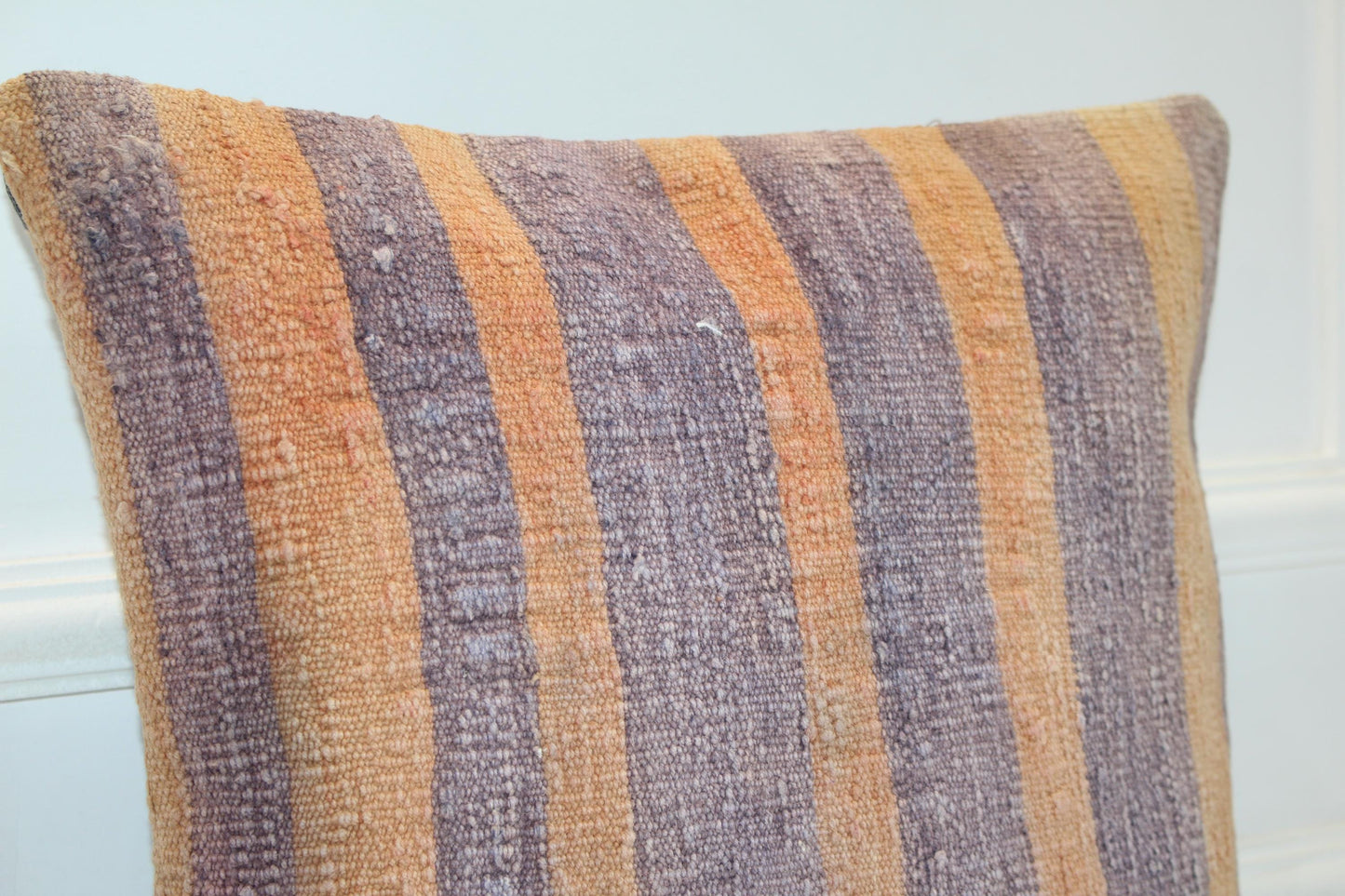 Soft Striped Kilim Cushion, Muted Earth Tone Boho Decor, Handmade Anatolian Rug Pillow(16x16 in)