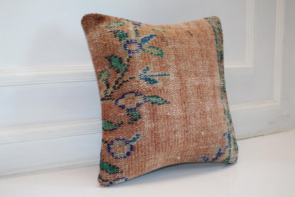 Subtle Floral Kilim Cushion, Soft Earth Tone Boho Decor, Handmade Anatolian Rug Pillow(16x16 in)