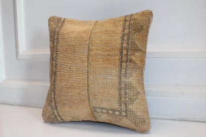 Minimal Neutral Kilim Cushion, Textured Earth Tone Boho Decor, Handmade Anatolian Rug Pillow(16x16 in)