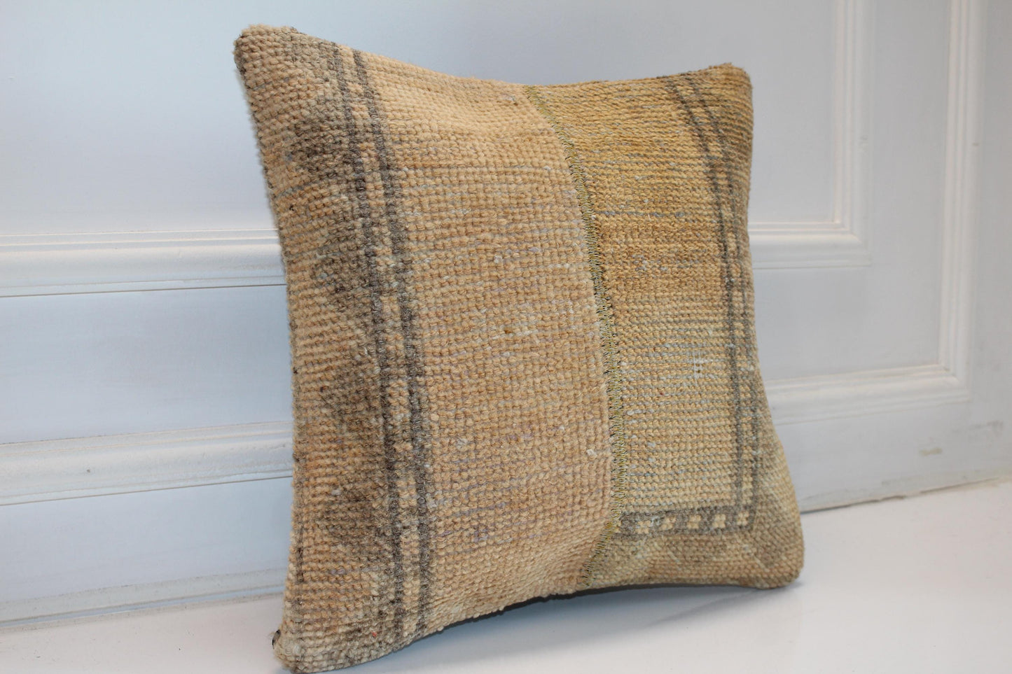Minimal Neutral Kilim Cushion, Textured Earth Tone Boho Decor, Handmade Anatolian Rug Pillow(16x16 in)