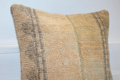 Minimal Neutral Kilim Cushion, Textured Earth Tone Boho Decor, Handmade Anatolian Rug Pillow(16x16 in)