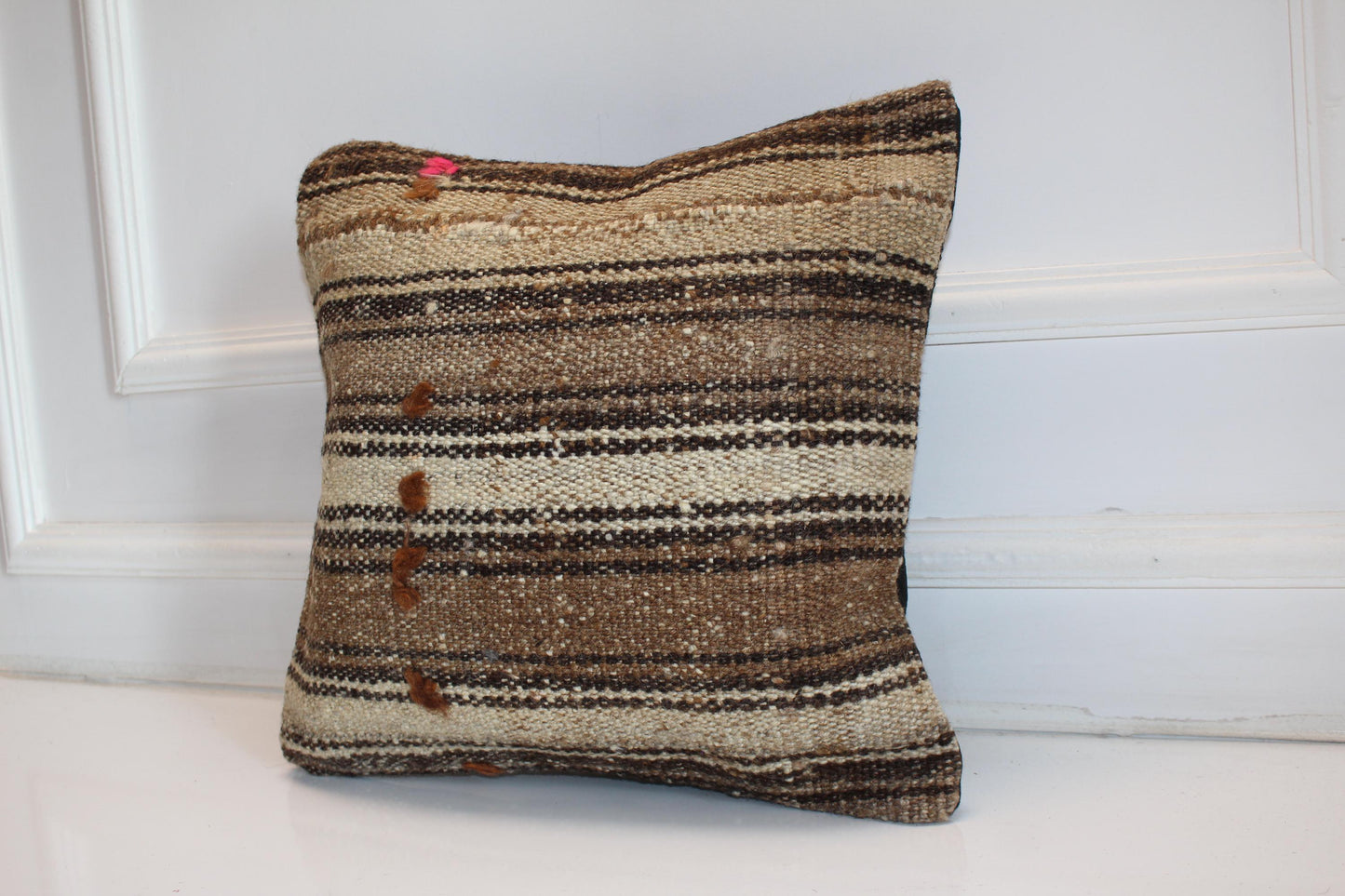 Striped Neutral Kilim Cushion, Rustic Earth Tone Boho Decor, Handmade Anatolian Rug Pillow(16x16 in)