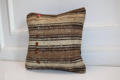Striped Neutral Kilim Cushion, Rustic Earth Tone Boho Decor, Handmade Anatolian Rug Pillow(16x16 in)