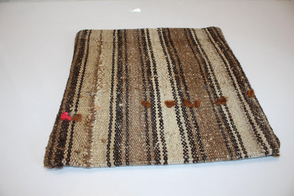 Striped Neutral Kilim Cushion, Rustic Earth Tone Boho Decor, Handmade Anatolian Rug Pillow(16x16 in)