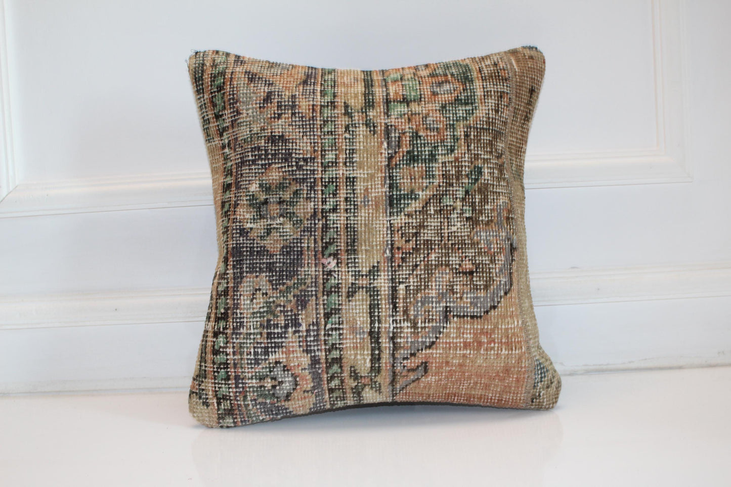 Faded Floral Kilim Cushion, Muted Earth Tone Boho Decor, Handmade Anatolian Rug Pillow(16x16 in)
