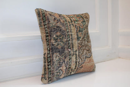 Faded Floral Kilim Cushion, Muted Earth Tone Boho Decor, Handmade Anatolian Rug Pillow(16x16 in)