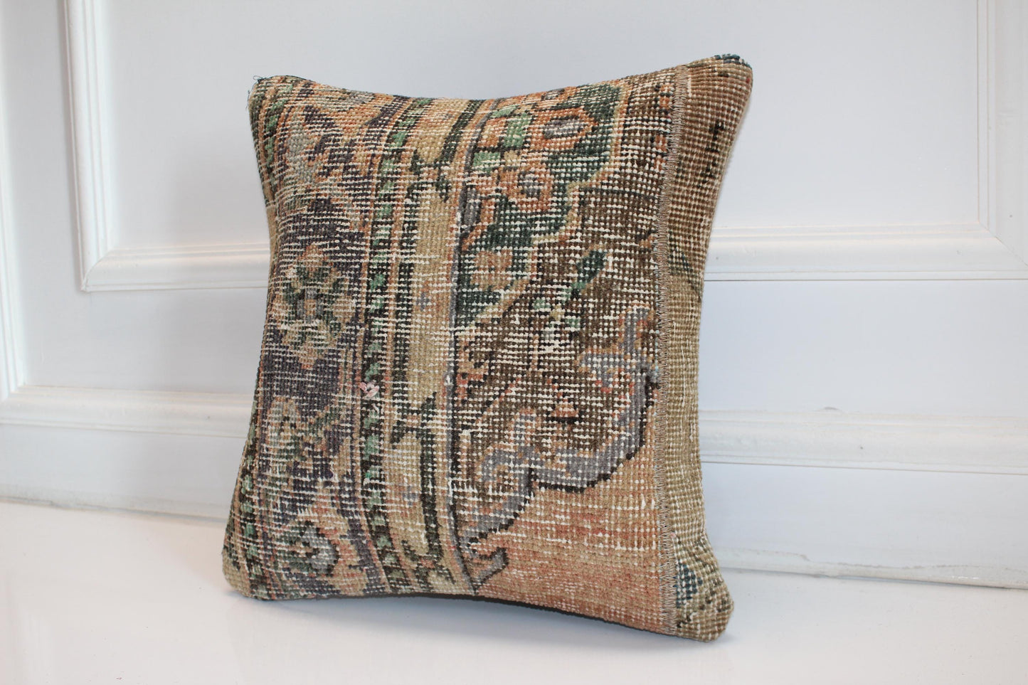 Faded Floral Kilim Cushion, Muted Earth Tone Boho Decor, Handmade Anatolian Rug Pillow(16x16 in)