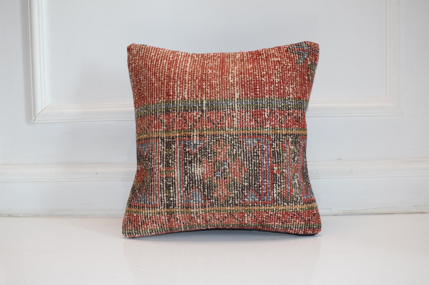 Faded Terracotta Kilim Cushion, Earthy Boho Decor, Handmade Anatolian Rug Pillow(16x16 in)