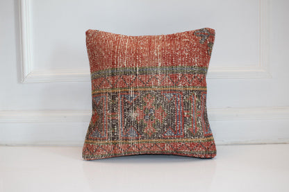 Faded Terracotta Kilim Cushion, Earthy Boho Decor, Handmade Anatolian Rug Pillow(16x16 in)
