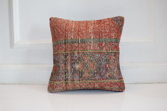 Faded Terracotta Kilim Cushion, Earthy Boho Decor, Handmade Anatolian Rug Pillow(16x16 in)