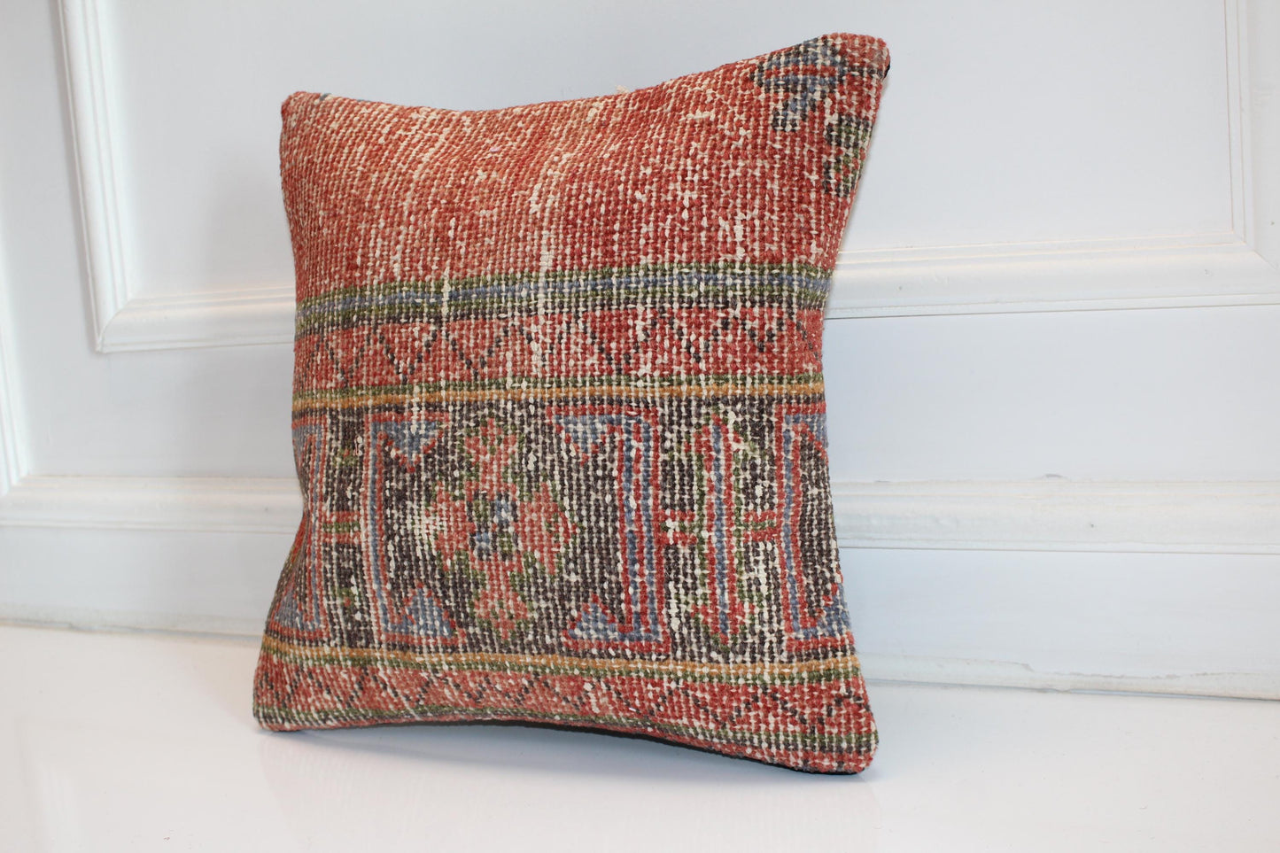 Faded Terracotta Kilim Cushion, Earthy Boho Decor, Handmade Anatolian Rug Pillow(16x16 in)