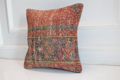 Faded Terracotta Kilim Cushion, Earthy Boho Decor, Handmade Anatolian Rug Pillow(16x16 in)