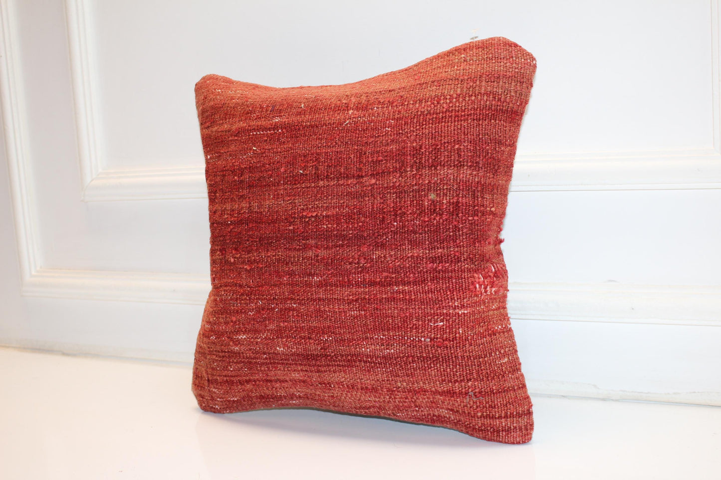 Solid Terracotta Kilim Cushion, Minimal Boho Decor, Handmade Anatolian Rug Pillow(16x16 in)