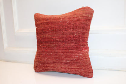 Solid Terracotta Kilim Cushion, Minimal Boho Decor, Handmade Anatolian Rug Pillow(16x16 in)