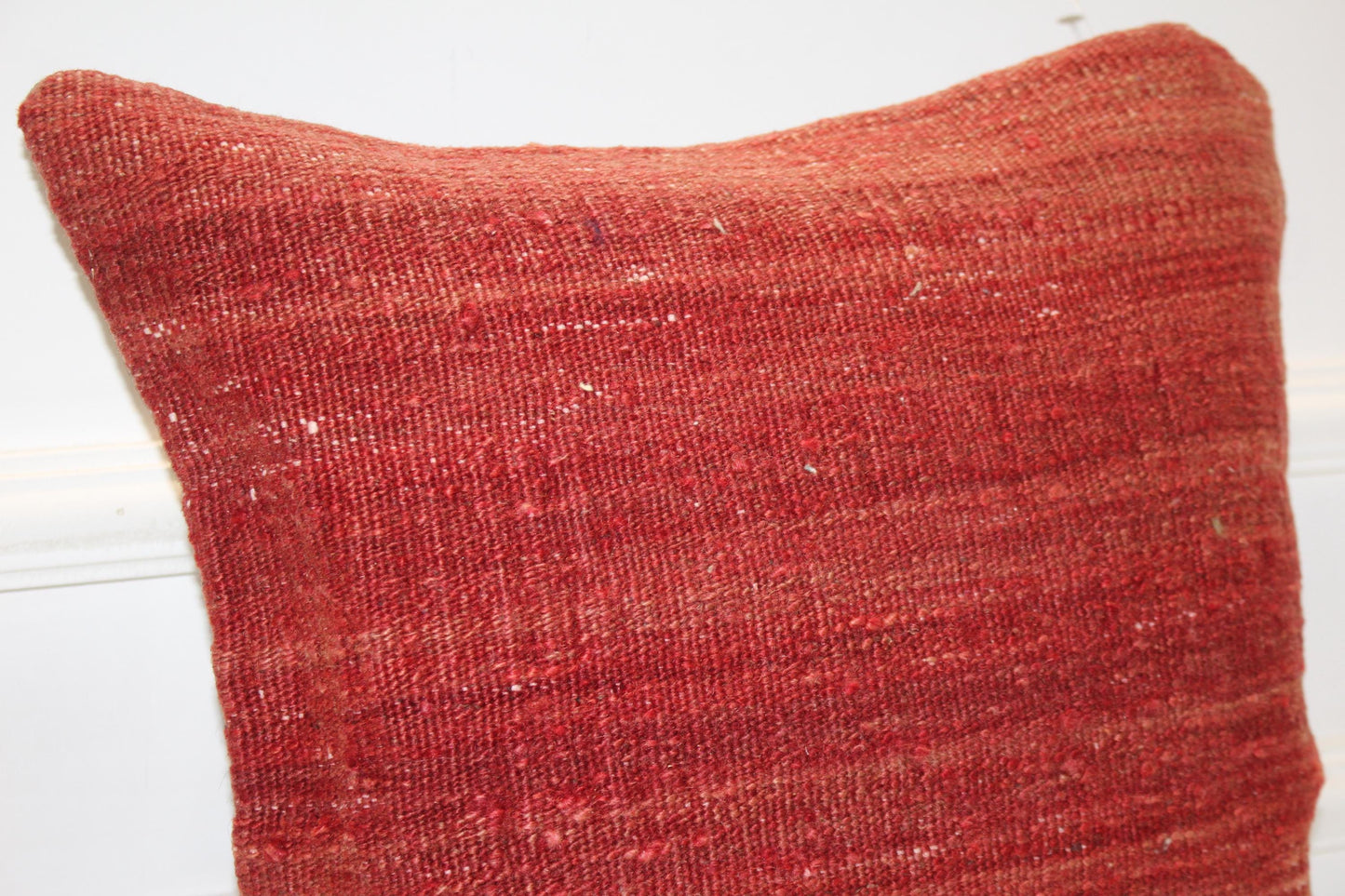 Solid Terracotta Kilim Cushion, Minimal Boho Decor, Handmade Anatolian Rug Pillow(16x16 in)