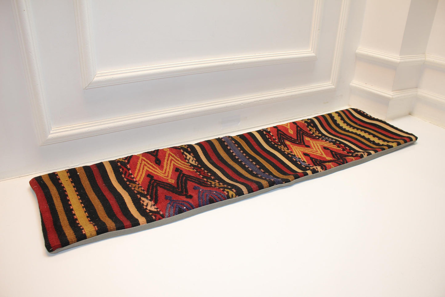 Anatolian Zigzag Kilim Lumbar Pillow 12x48, Handwoven Tribal Textile Cushion, Earth Tone Long Pillow for Sofa & Bench