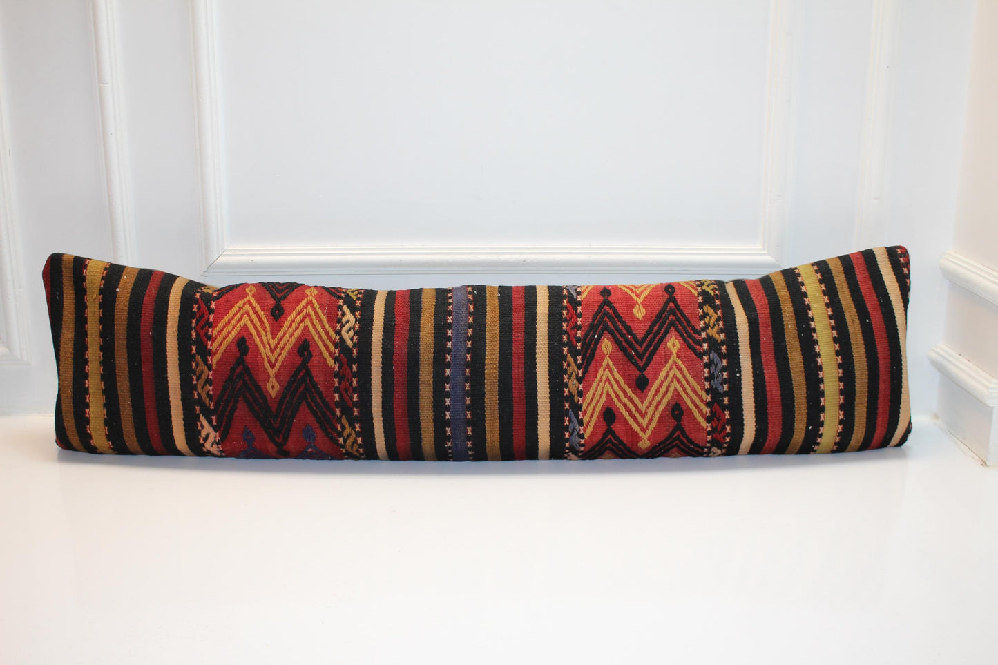 Anatolian Zigzag Kilim Lumbar Pillow 12x48, Handwoven Tribal Textile Cushion, Earth Tone Long Pillow for Sofa & Bench