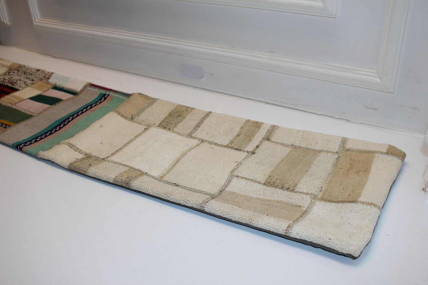 Neutral Patchwork Kilim Lumbar Pillow 12x48, Handwoven Textile Cushion, Soft Earth Tone Long Pillow for Modern Home