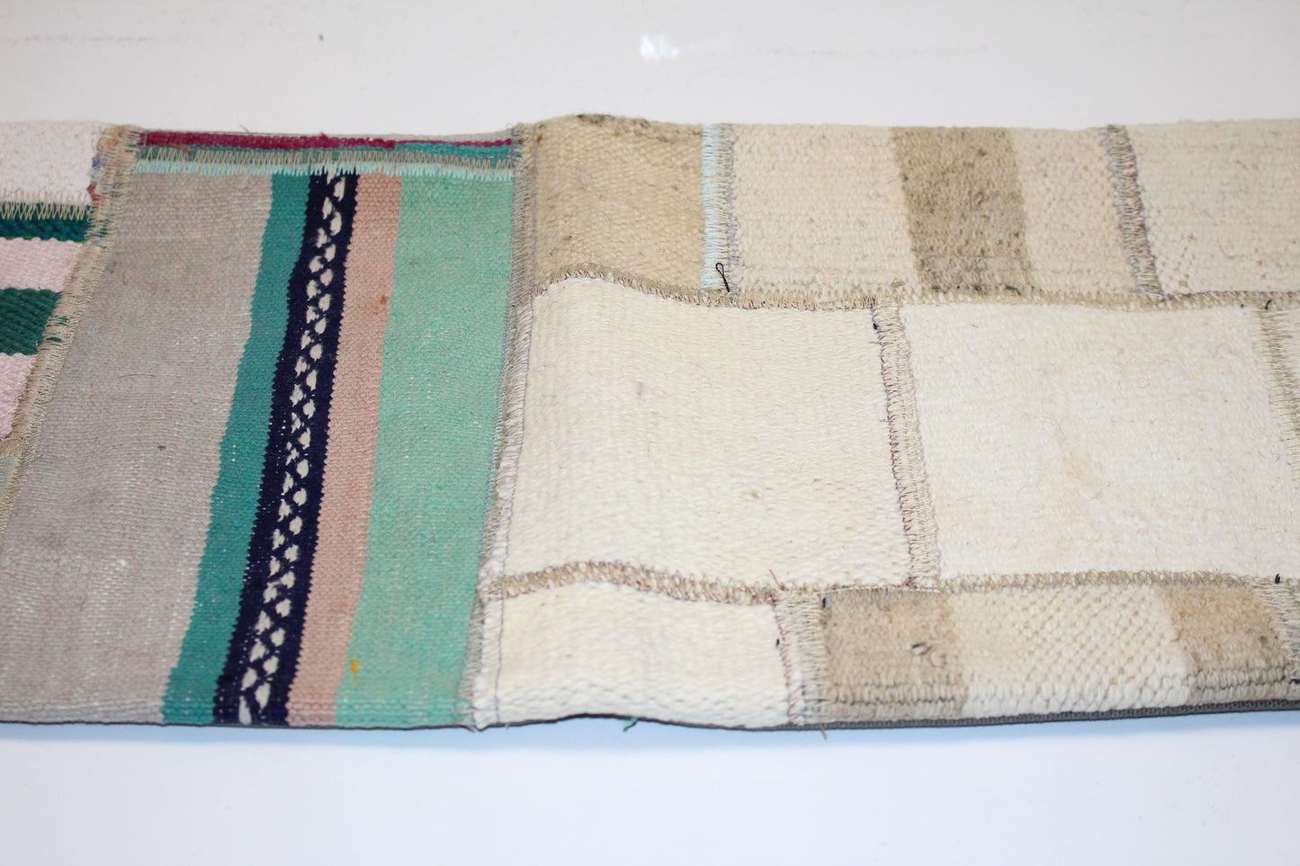 Neutral Patchwork Kilim Lumbar Pillow 12x48, Handwoven Textile Cushion, Soft Earth Tone Long Pillow for Modern Home