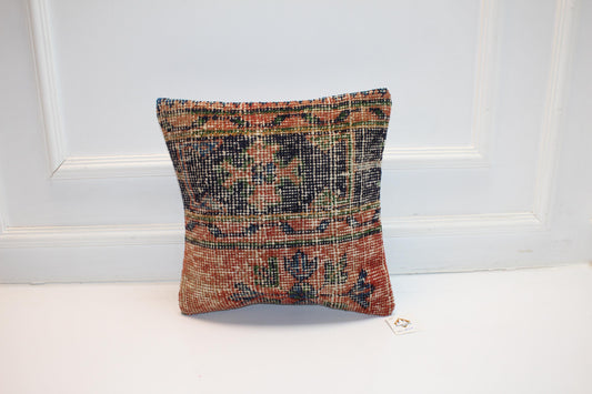 Vintage Turkish Kilim Pillow Cover, Square Tribal Rug Cushion, Muted Earth Tone Boho Pillow, Ethnic Handmade Decor (16x16 in)