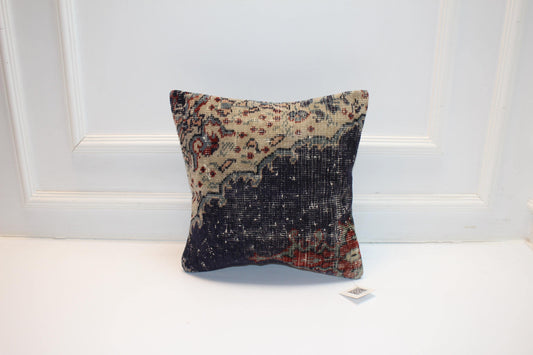 Vintage Turkish Kilim Pillow Cover, Dark Navy Tribal Rug Cushion, Square Boho Pillow, Muted Ethnic Home Decor (16x16 in)
