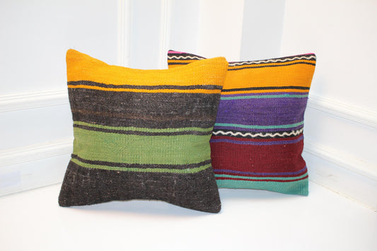 Set of 2 Handwoven Pillow Covers, Color Block Woven Cushions, Striped Boho Textile Pillows, Eclectic Home Decor (16x16 in)
